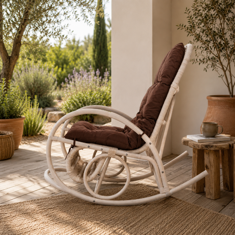 fauteuil a bascule Rotin Blanc en exterieur 