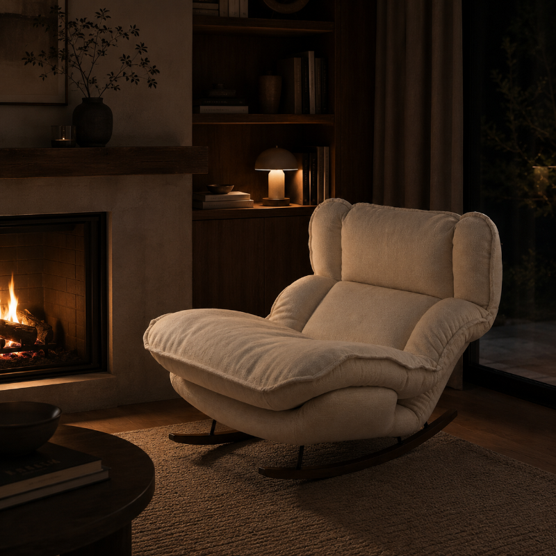rocking chaire beige cheminee soir 